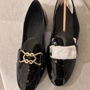 AEROSOLES Borgio Black Patent Faux Leather Loafers with Gold Detail